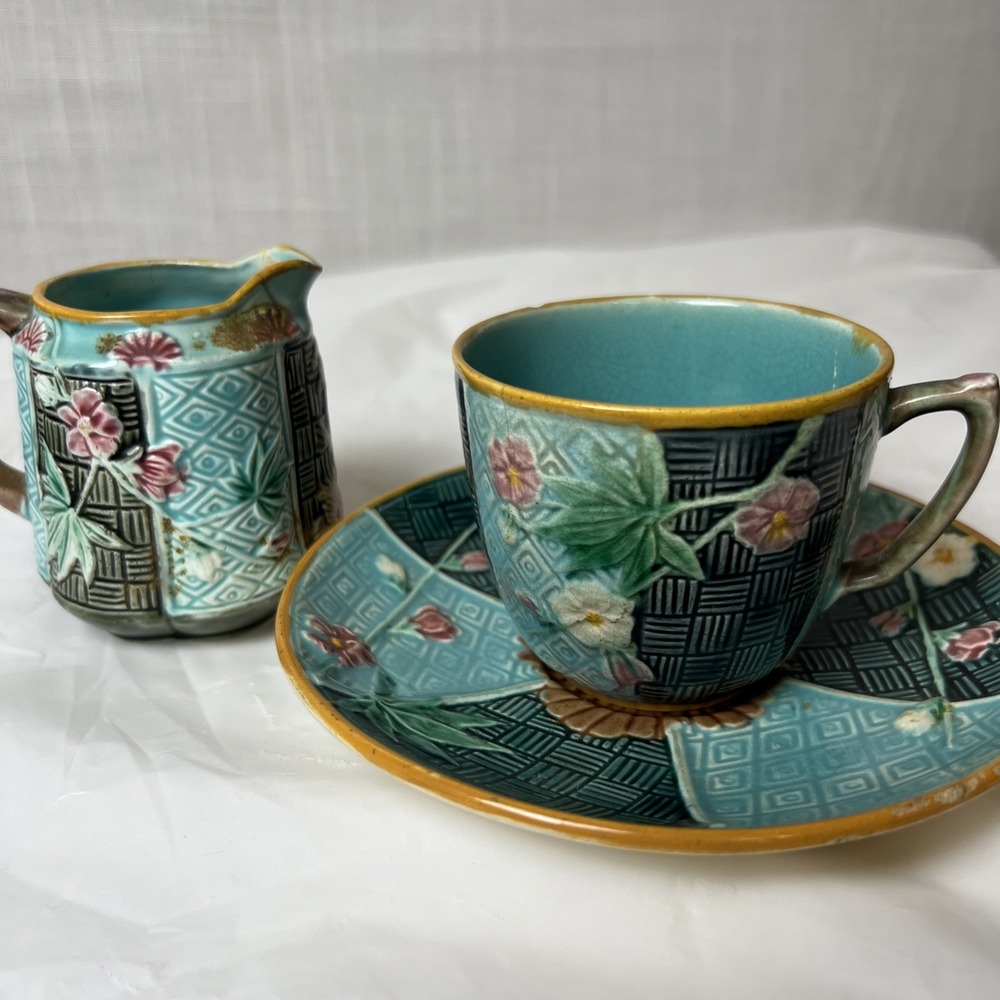 Antique Wedgwood Majolica Tea Cup Saucer Creamer C.1880-1890 Japanese Aesthetic